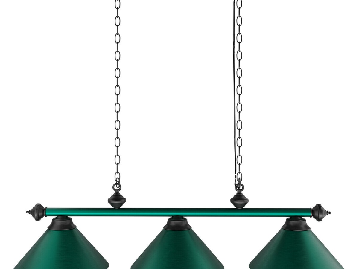 Lampara colgante metálica de 142 cm para mesa de billar con 3 sombras color verde